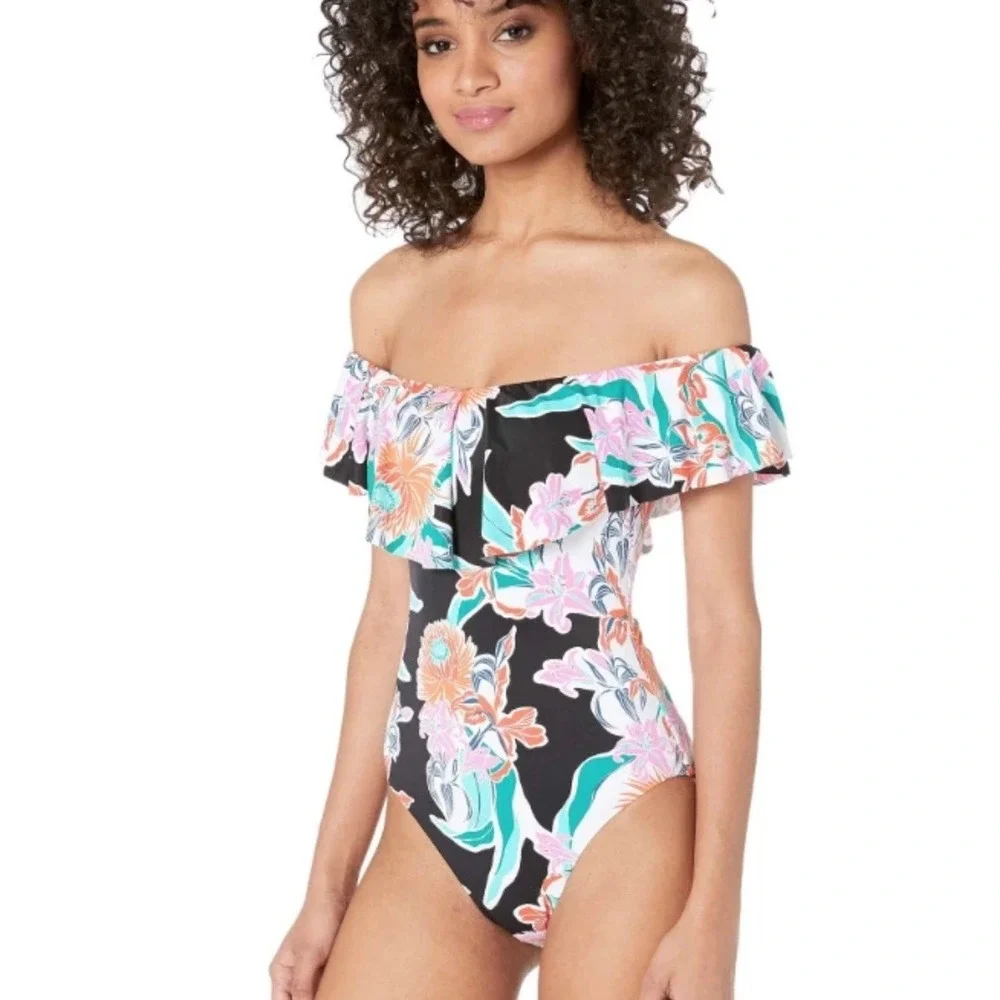 Trina Turk Women's Tropic Wave Over the Shoulder Bandeau One Piece‎ Size 10